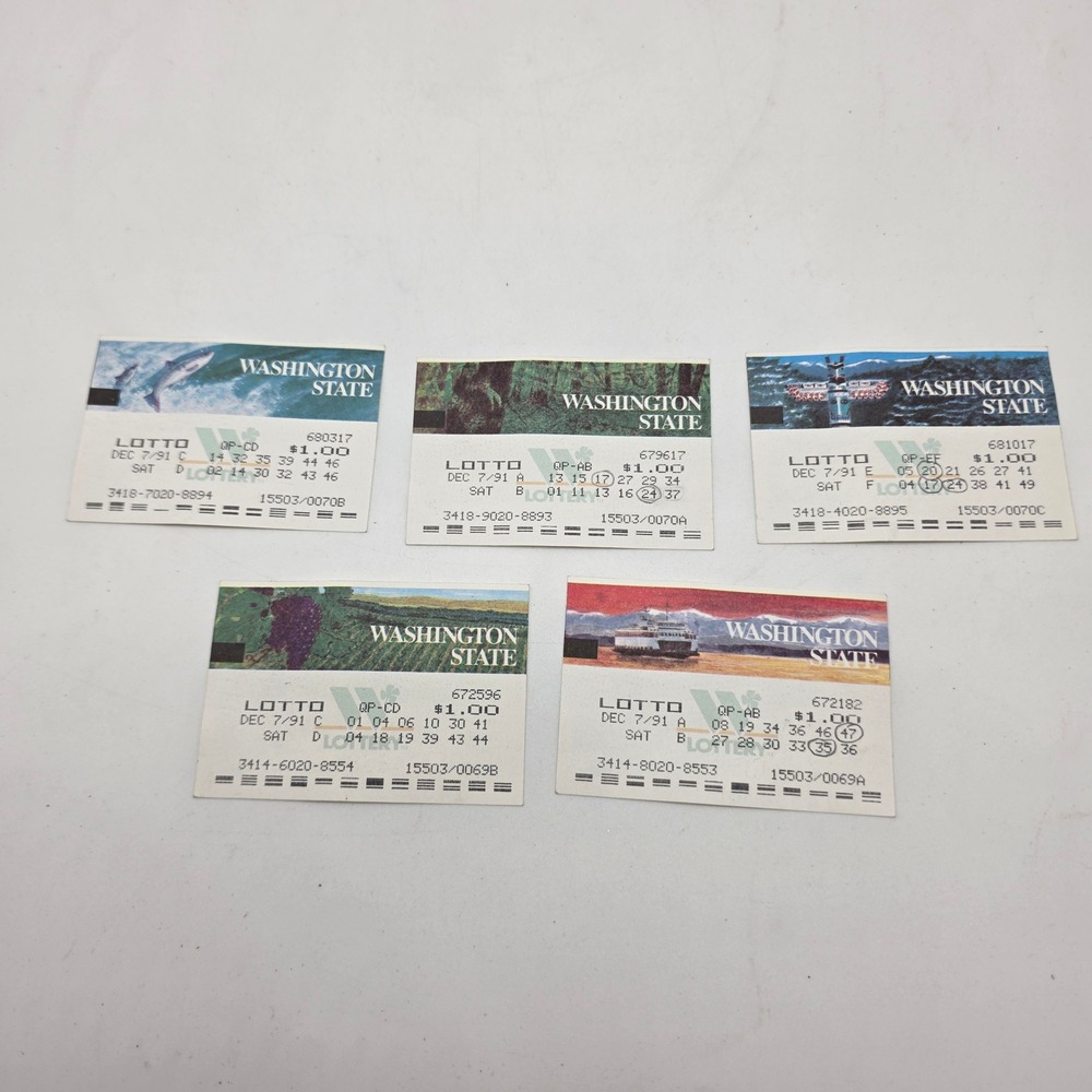 Washington State Lottery Lotto Tickets 1991 PNW Imagery Vintage Ephemera Set 5pc